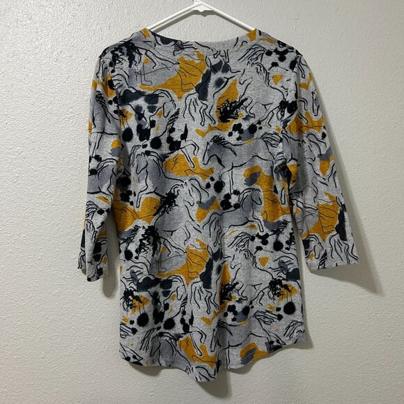 Shana Horse Print Top Small Gray Yellow Knit Cozy Soft Western - Picture 6 of 8